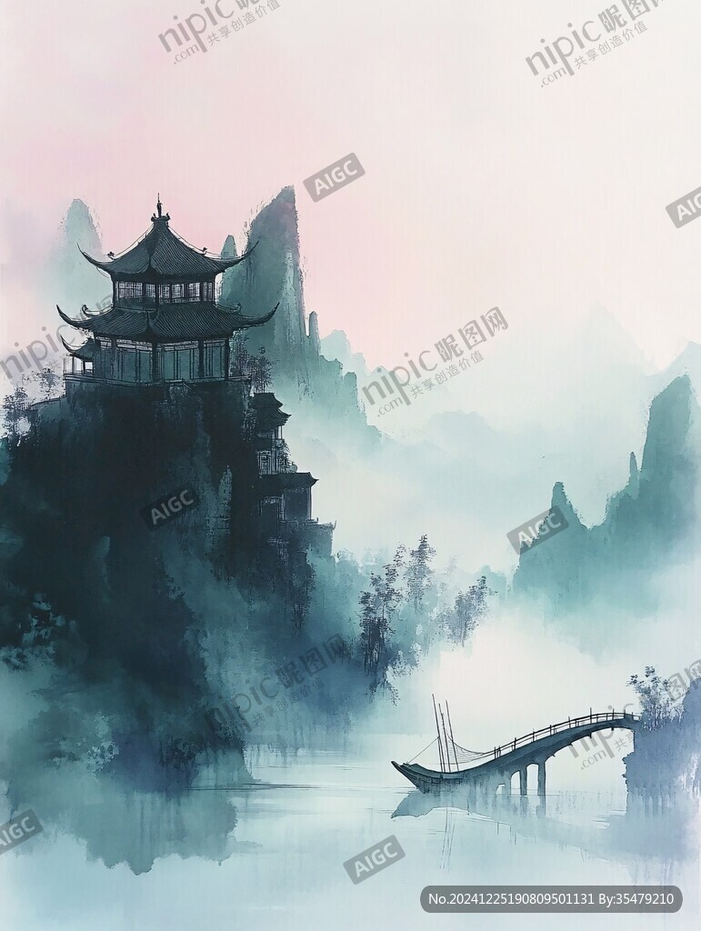 楼阁山水意境画