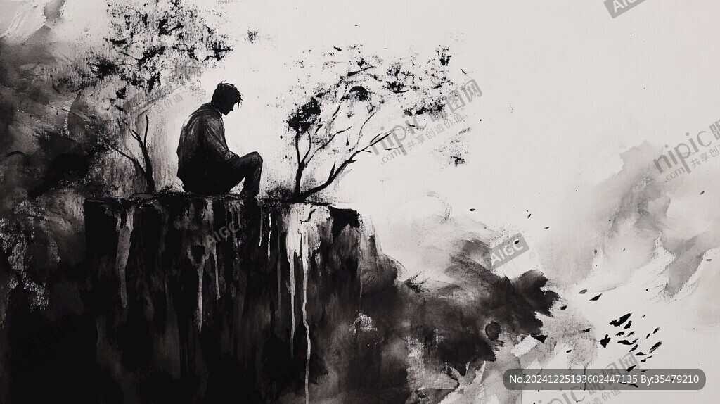 坐禅中式禅意水墨画