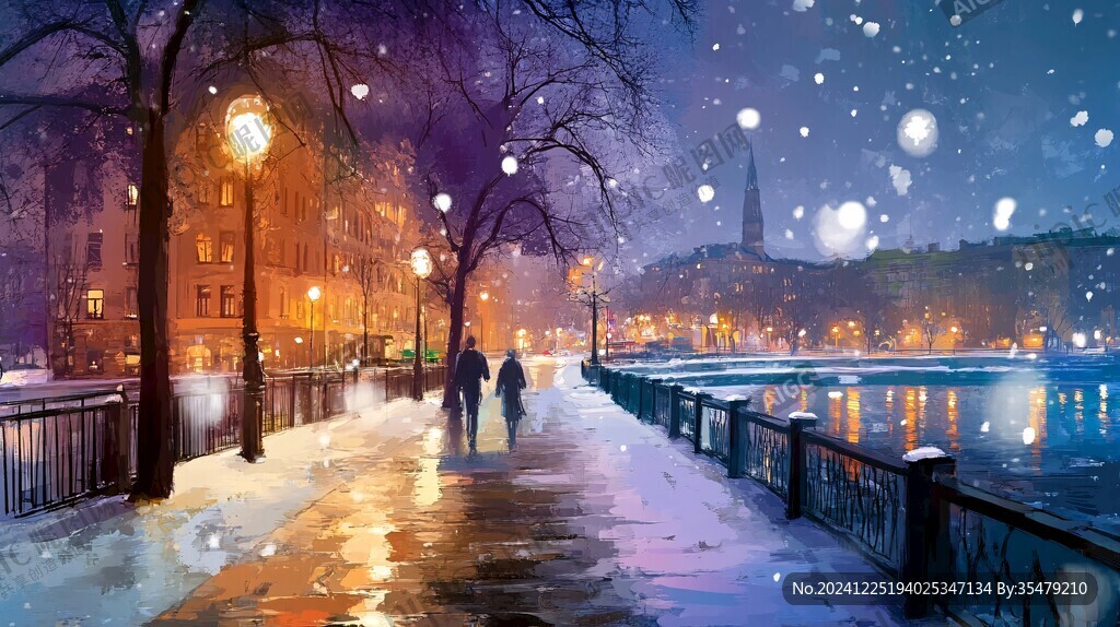 手绘雪夜风景无框画