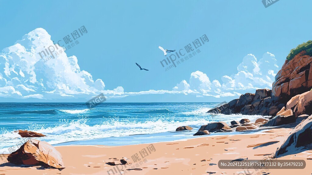 唯美海岸风景插画