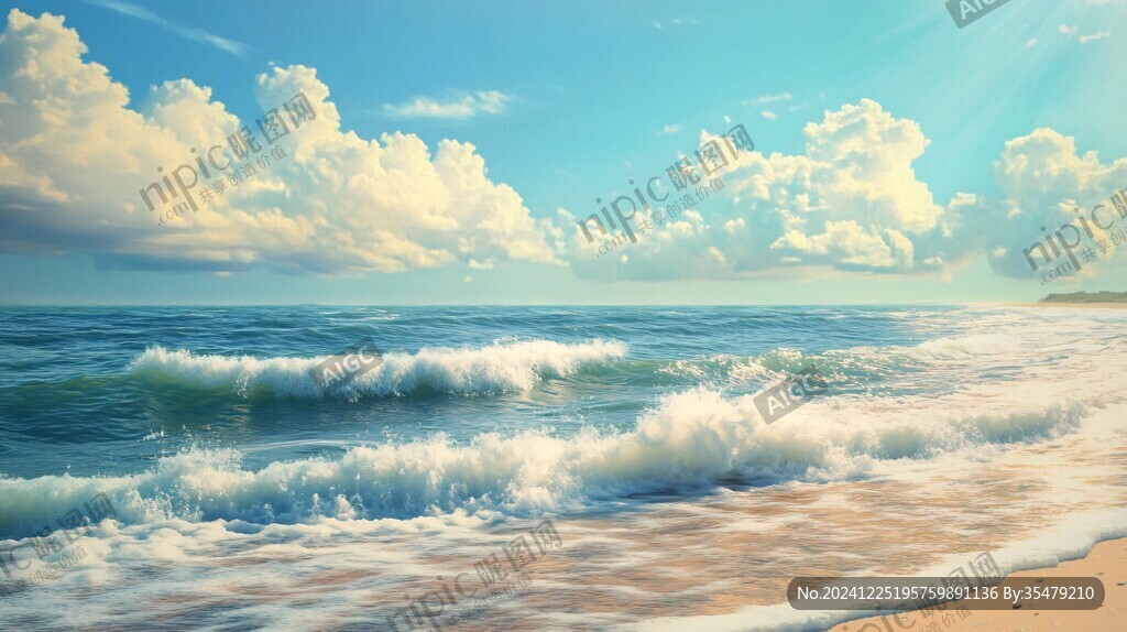 蓝天白云海景浪花