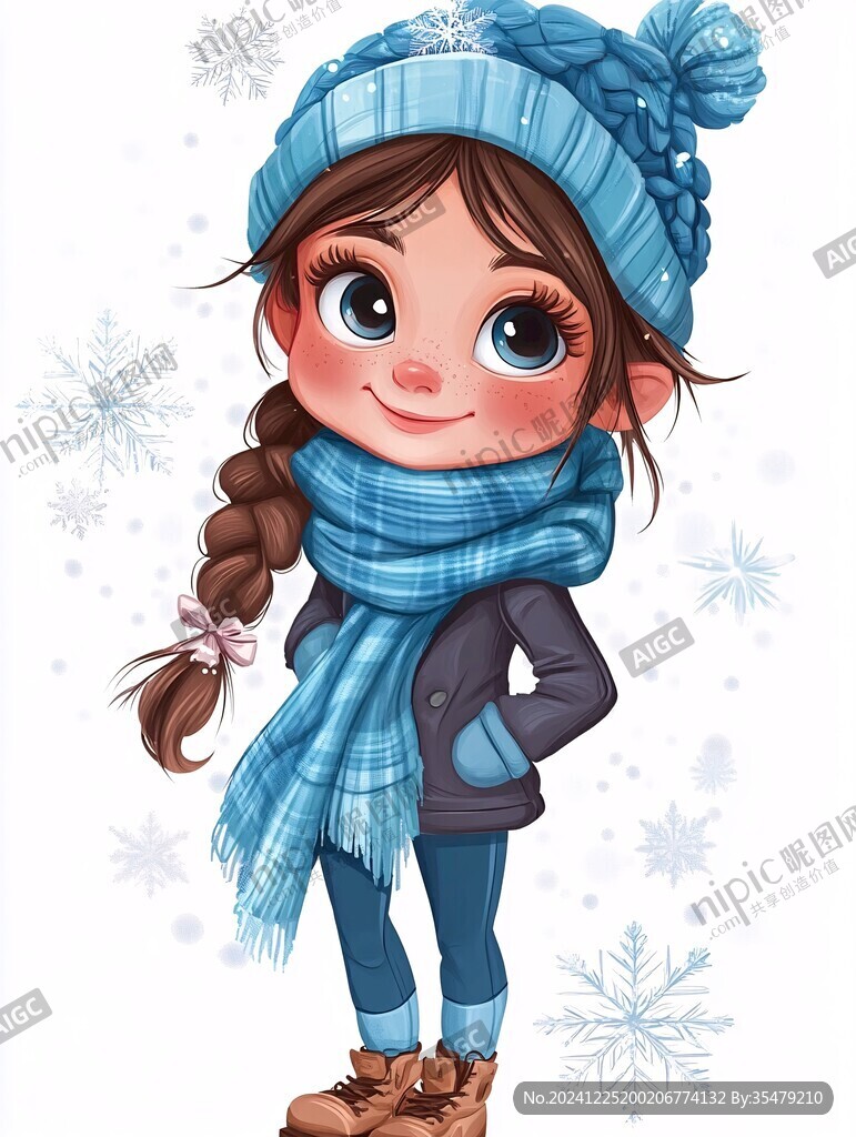 手绘雪地行走的小女孩