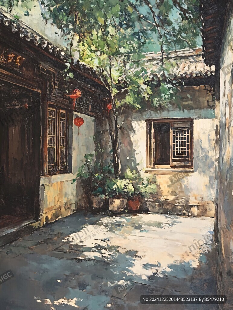 水粉画古街巷