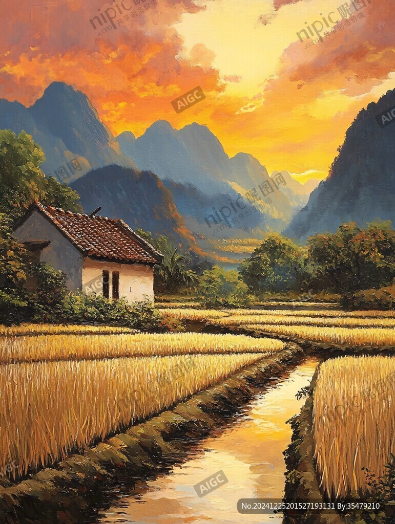 唯美田园风光油画