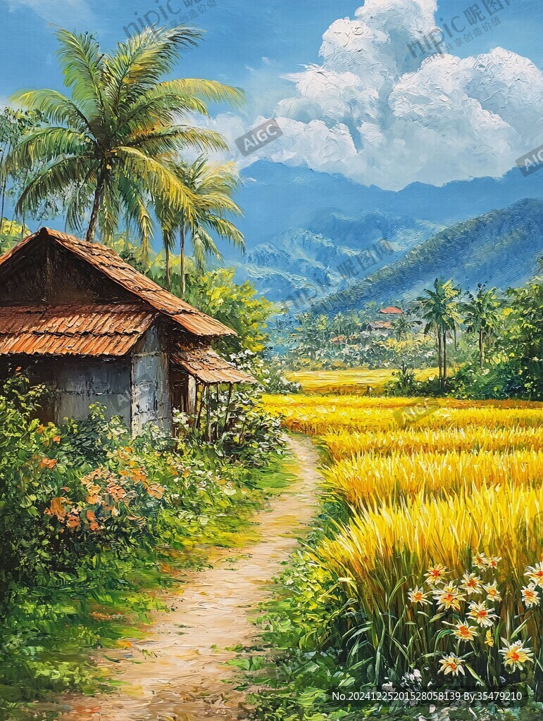 唯美田园风光油画