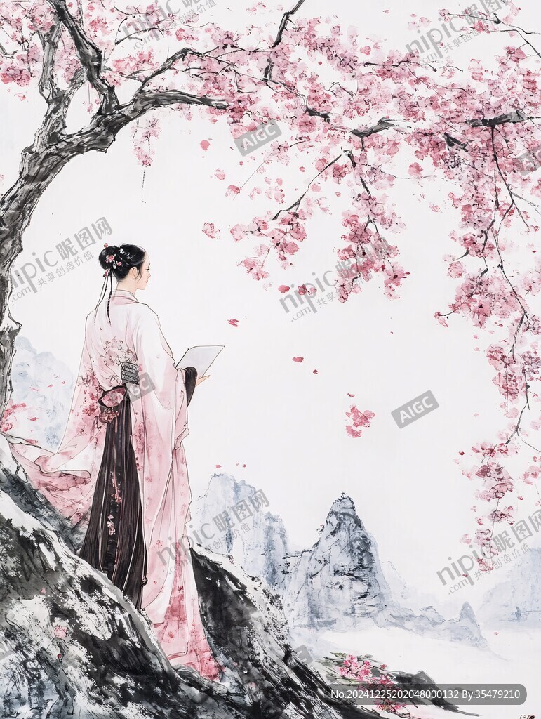 手绘美女红梅图