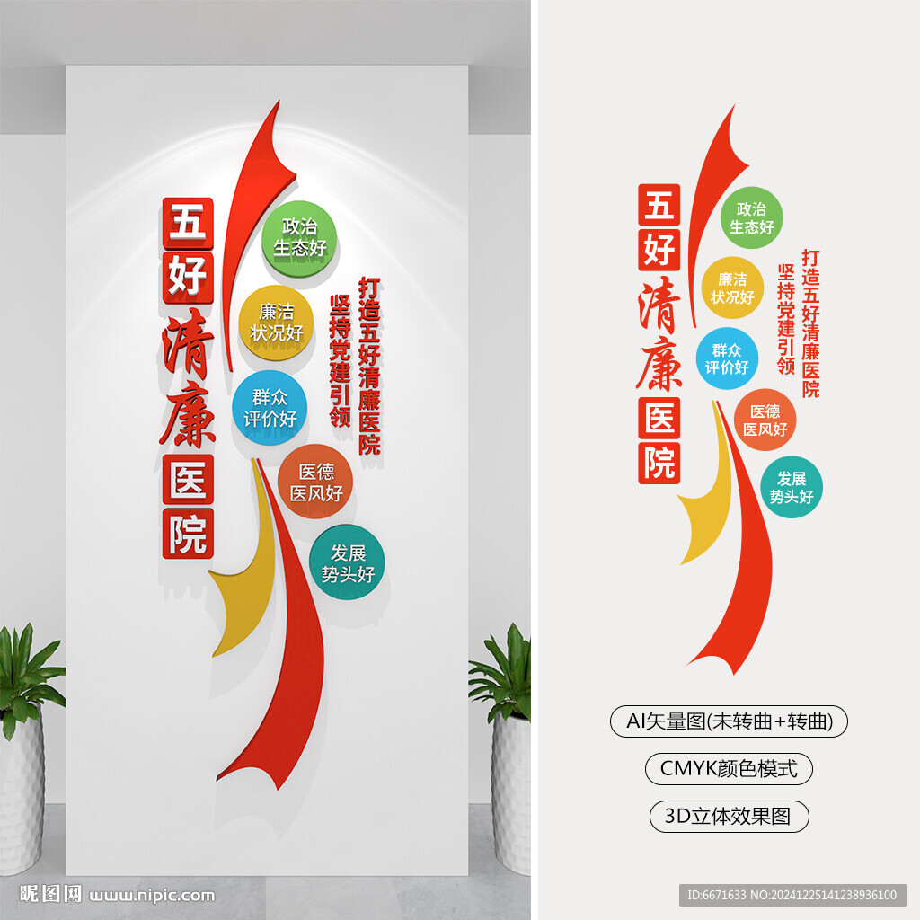 竖版五好清廉医院文化墙
