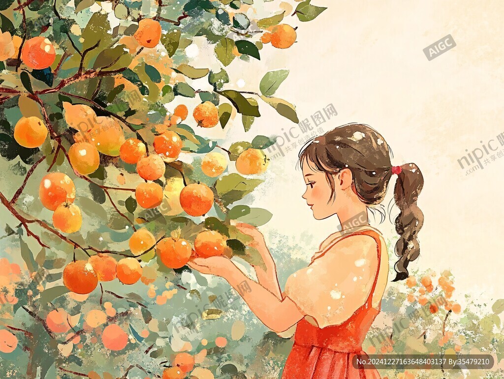 采柑果女孩插画