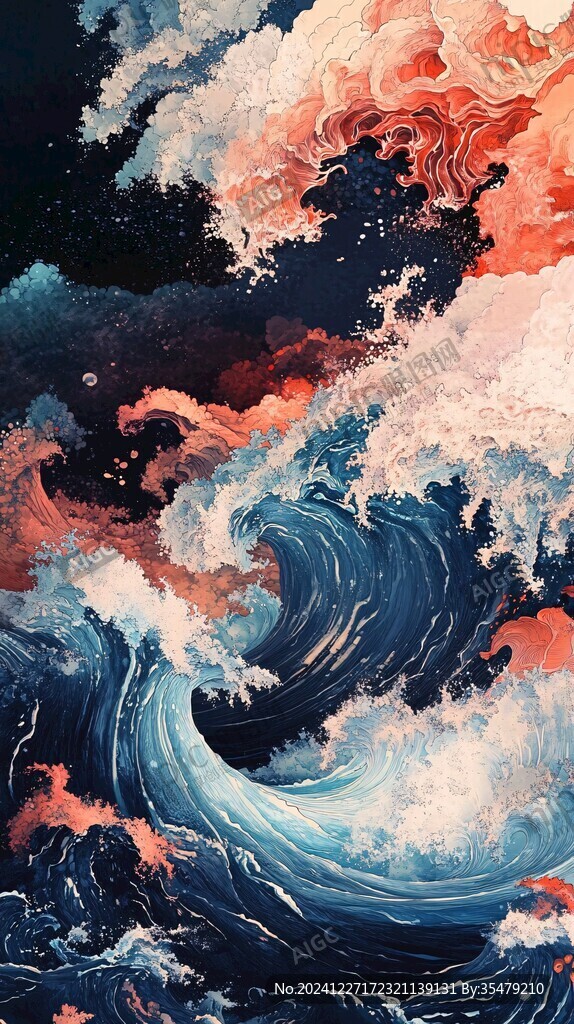浪花纹理工笔重彩风格