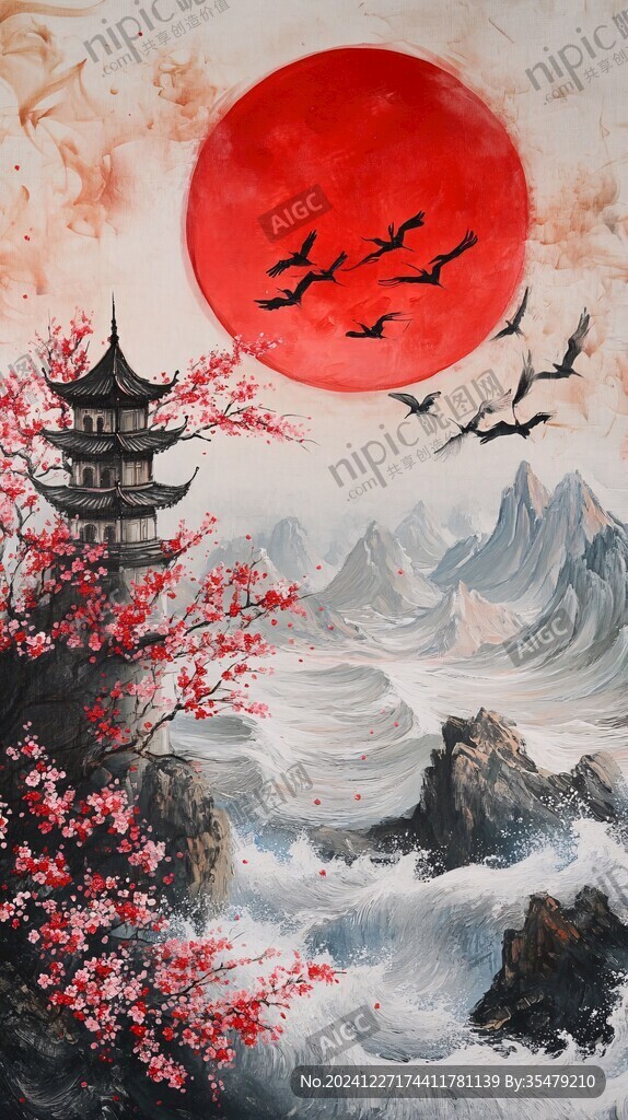 旭日东升楼阁山水画