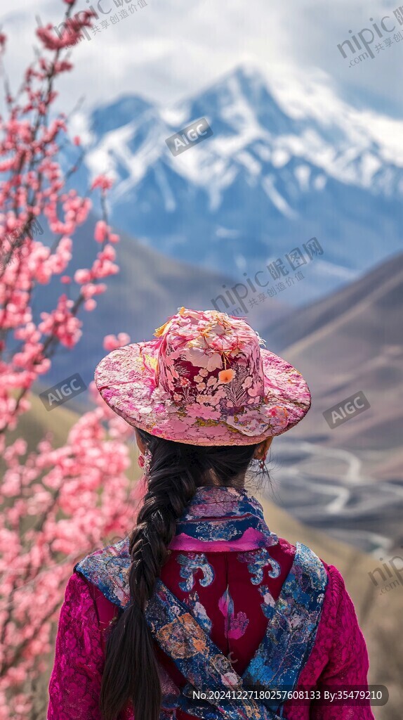 美女遥看雪山