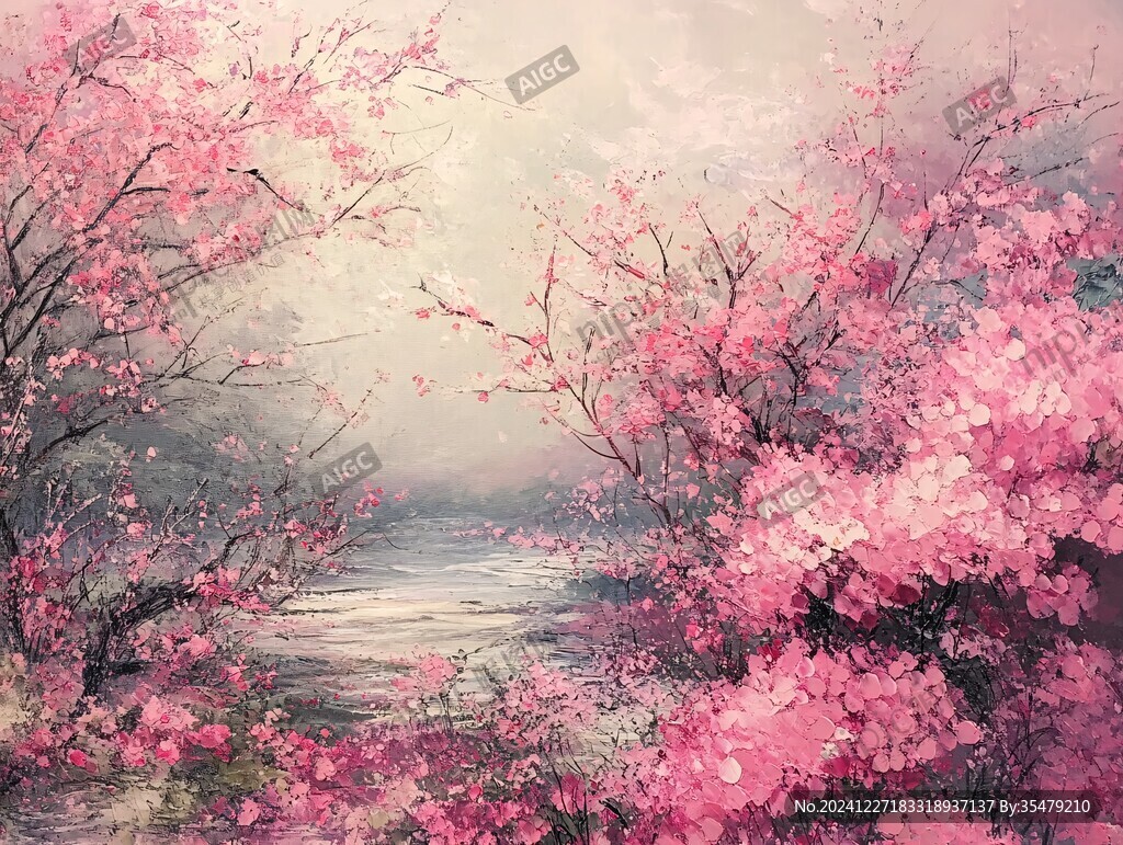 桃花风景油画