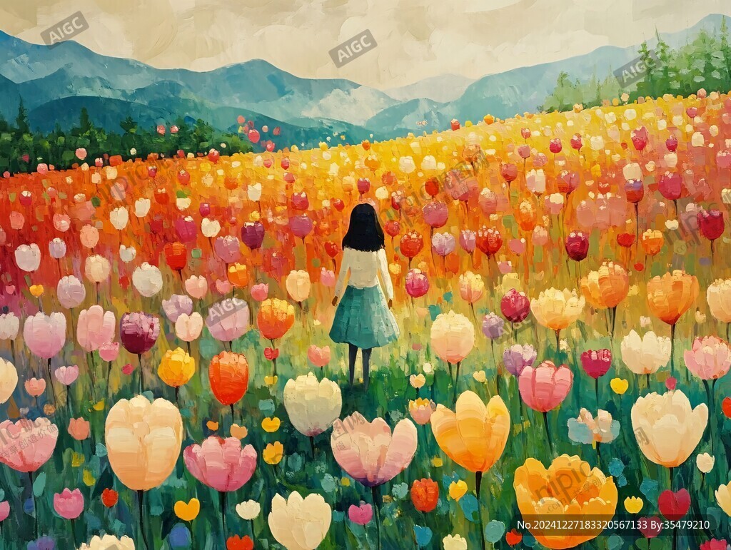 花丛女孩插画