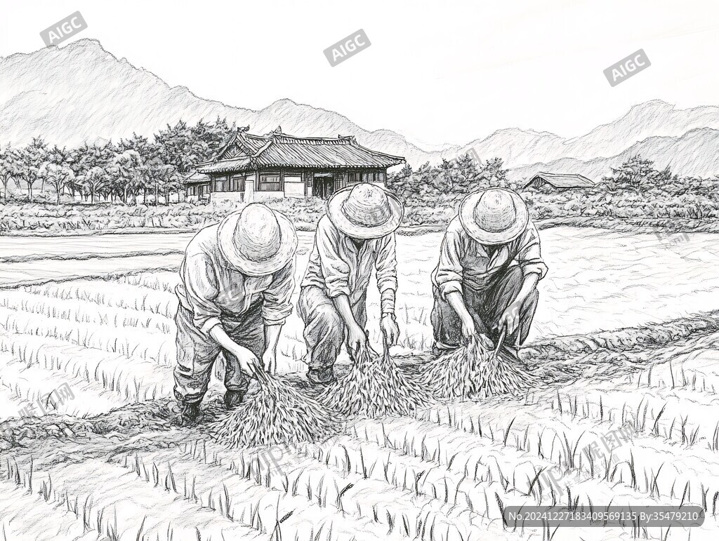农忙劳作场景线描