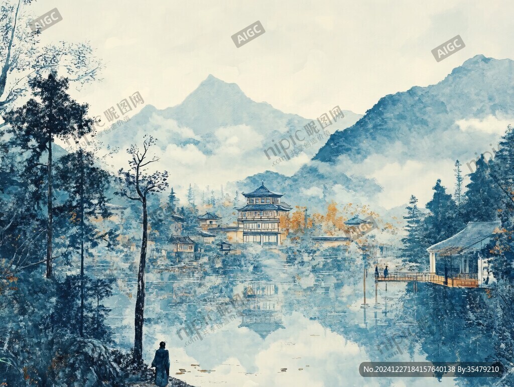 插画横店水彩水墨山水