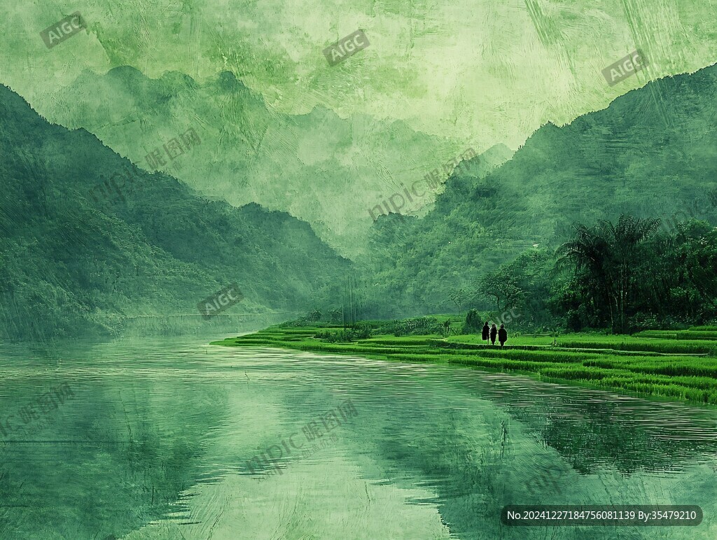雨后朦胧山水禅意画