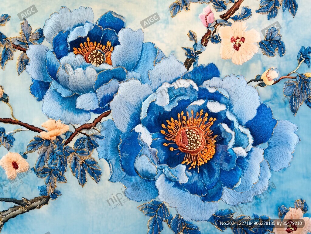 蓝底牡丹