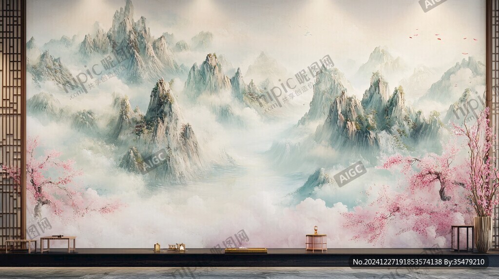巨幅复古山水背景墙