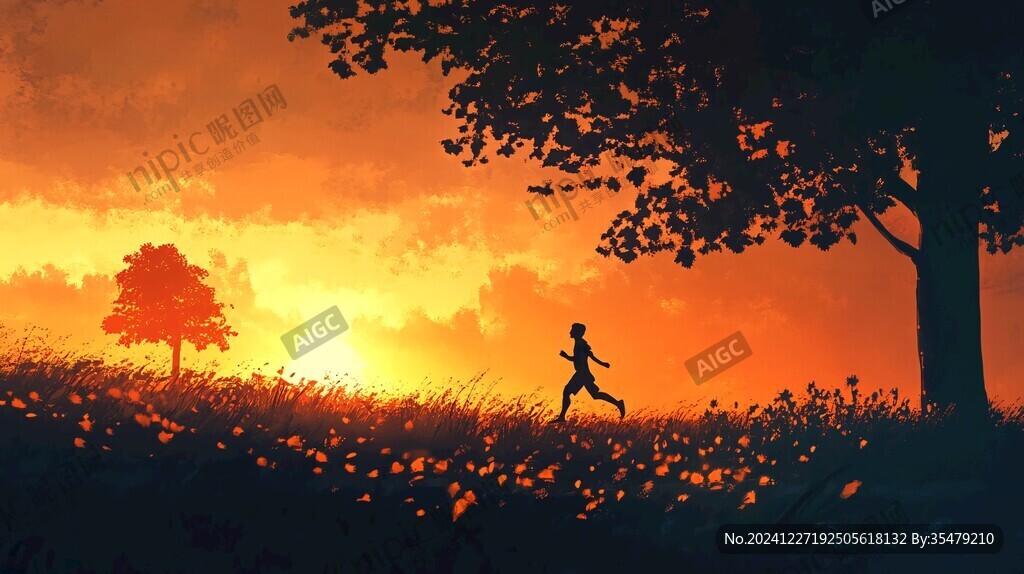 草地奔跑的少年插画