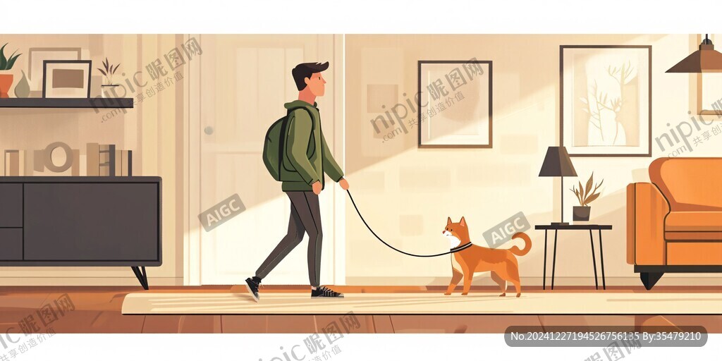 遛狗插画