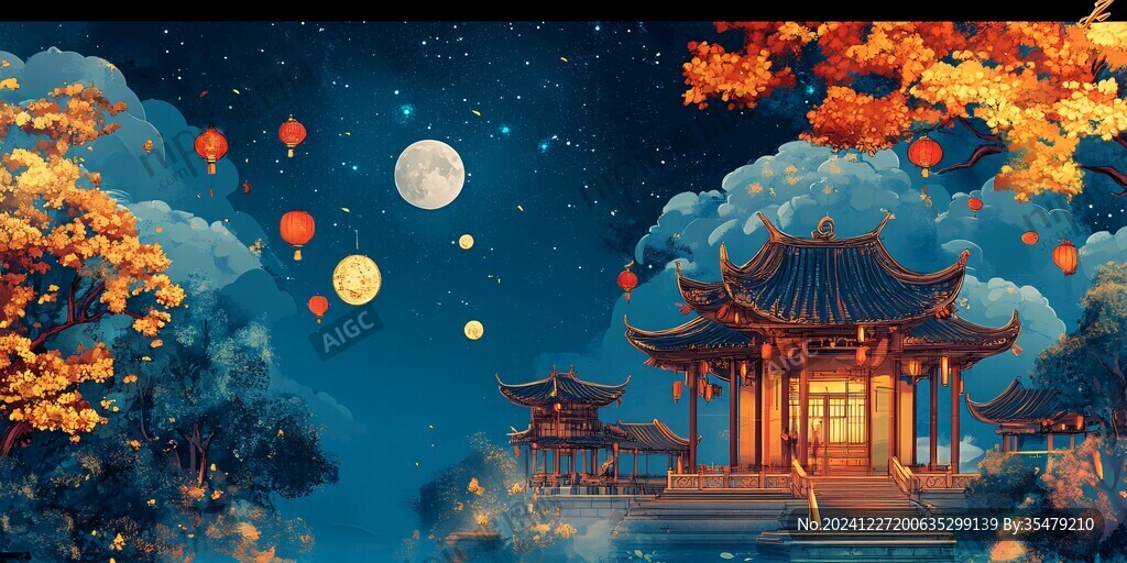 虎溪夜月景点插画