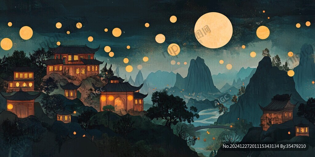 虎溪夜月景点插画
