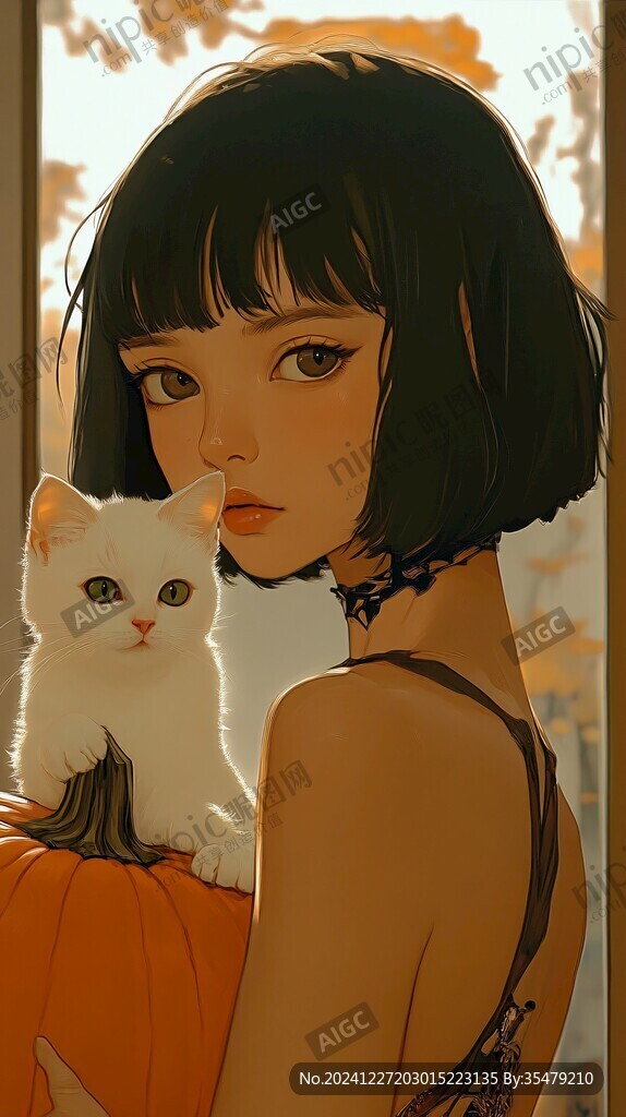 撸猫少女插画