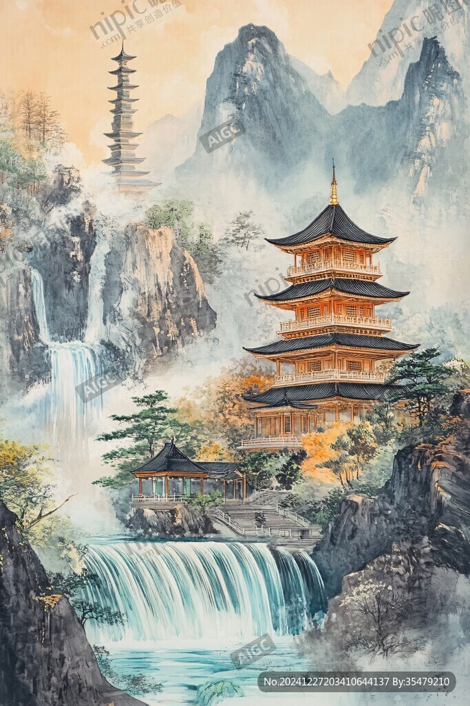新中式山水描金楼阁画
