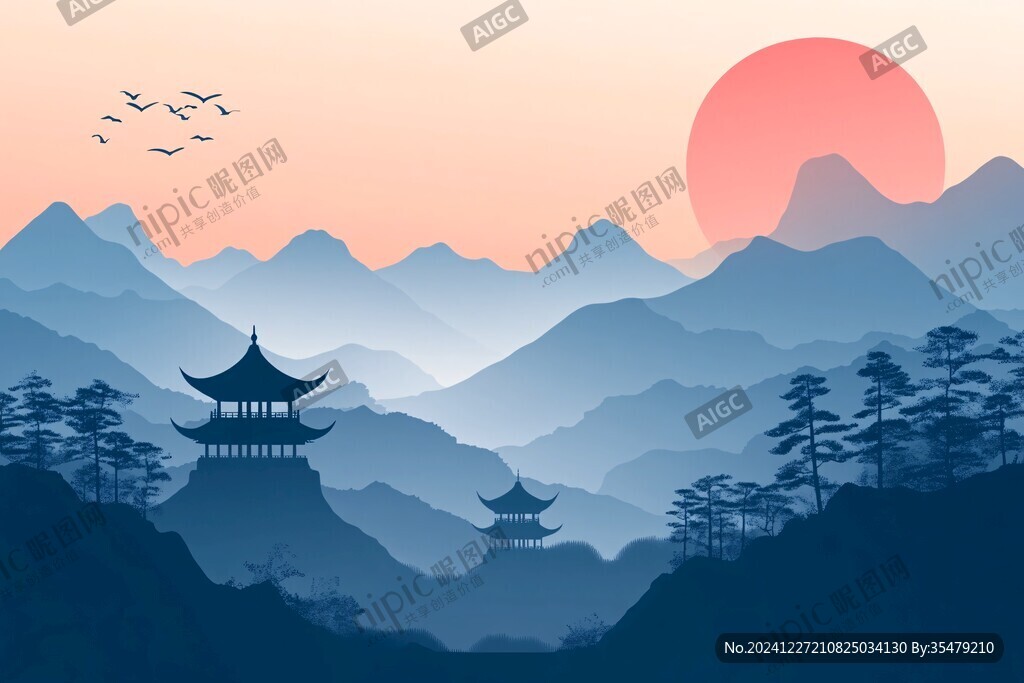 中式山水日出