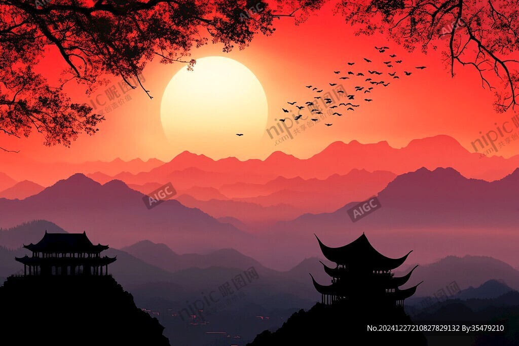 旭日东升楼阁山水画