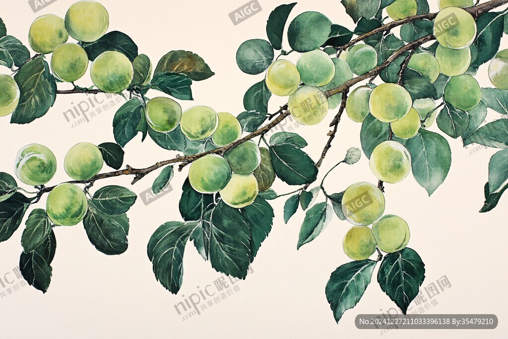 手绘水彩水果青梅插画
