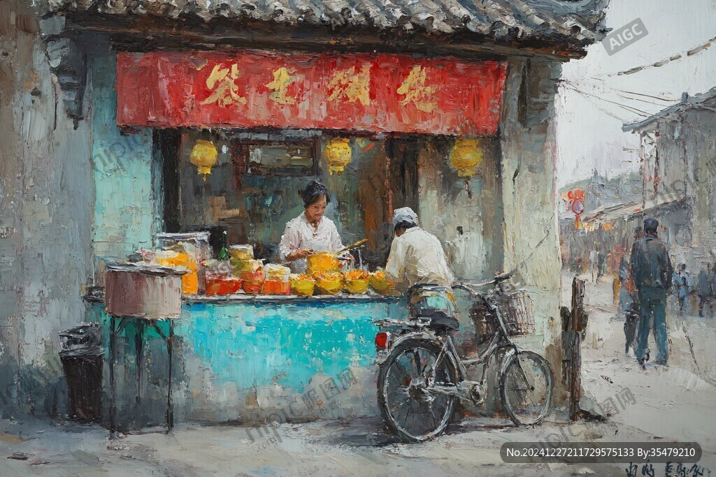 水粉画古街巷