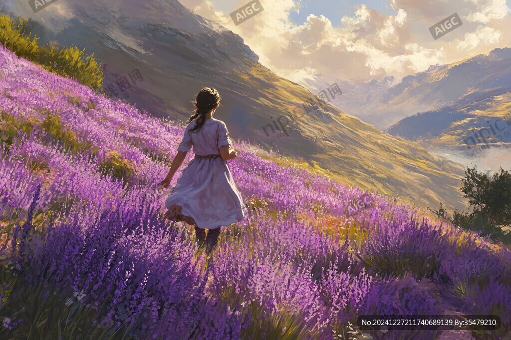 紫色花海里的少女