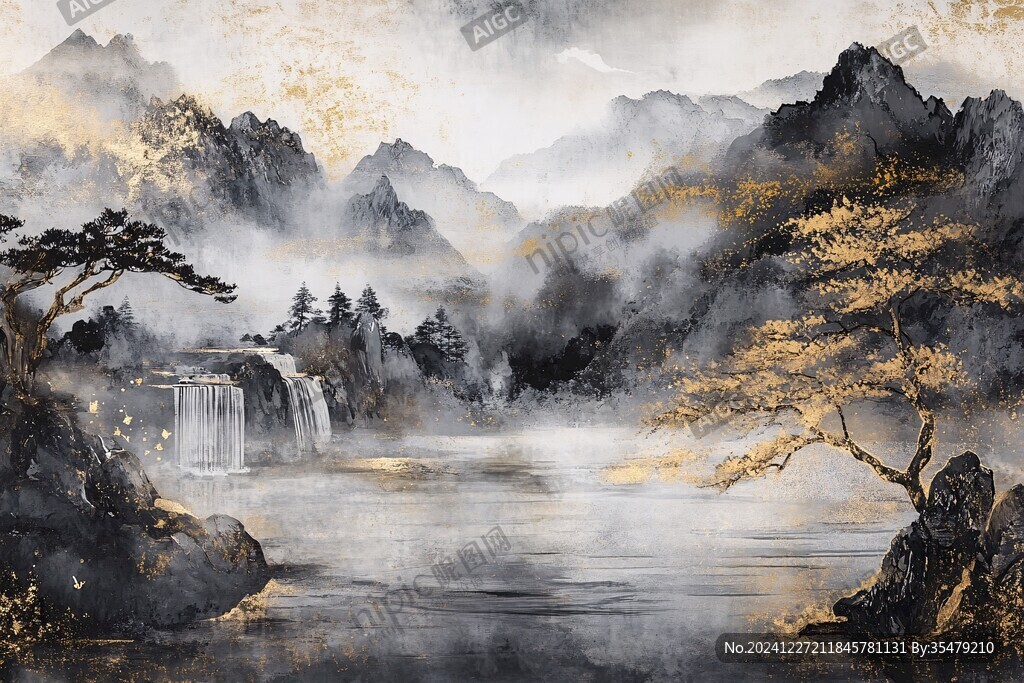 淡雅金色烟雾山水