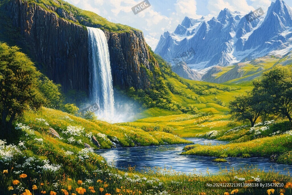 山水风景油画瀑布