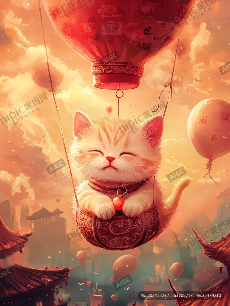 乘坐热气球的猫插画