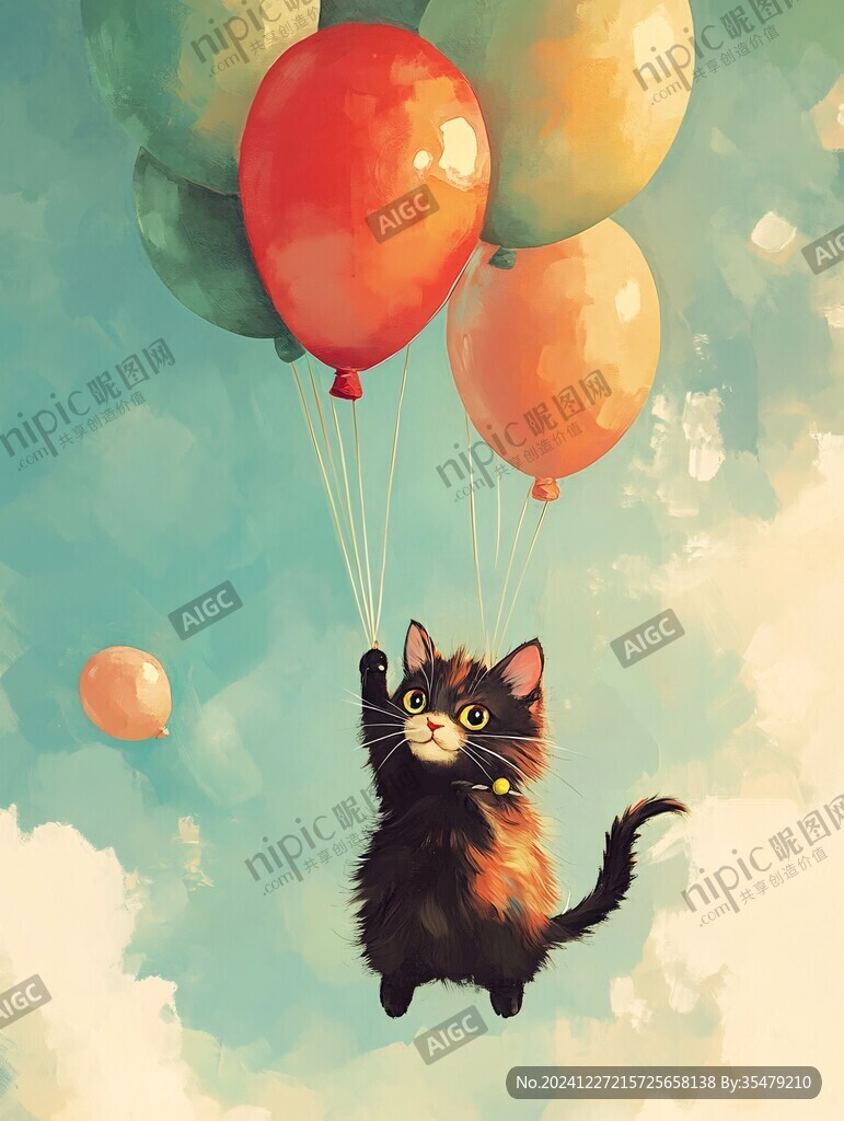 乘坐热气球的猫插画