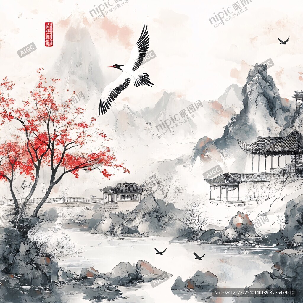 仙鹤楼阁古风山水画