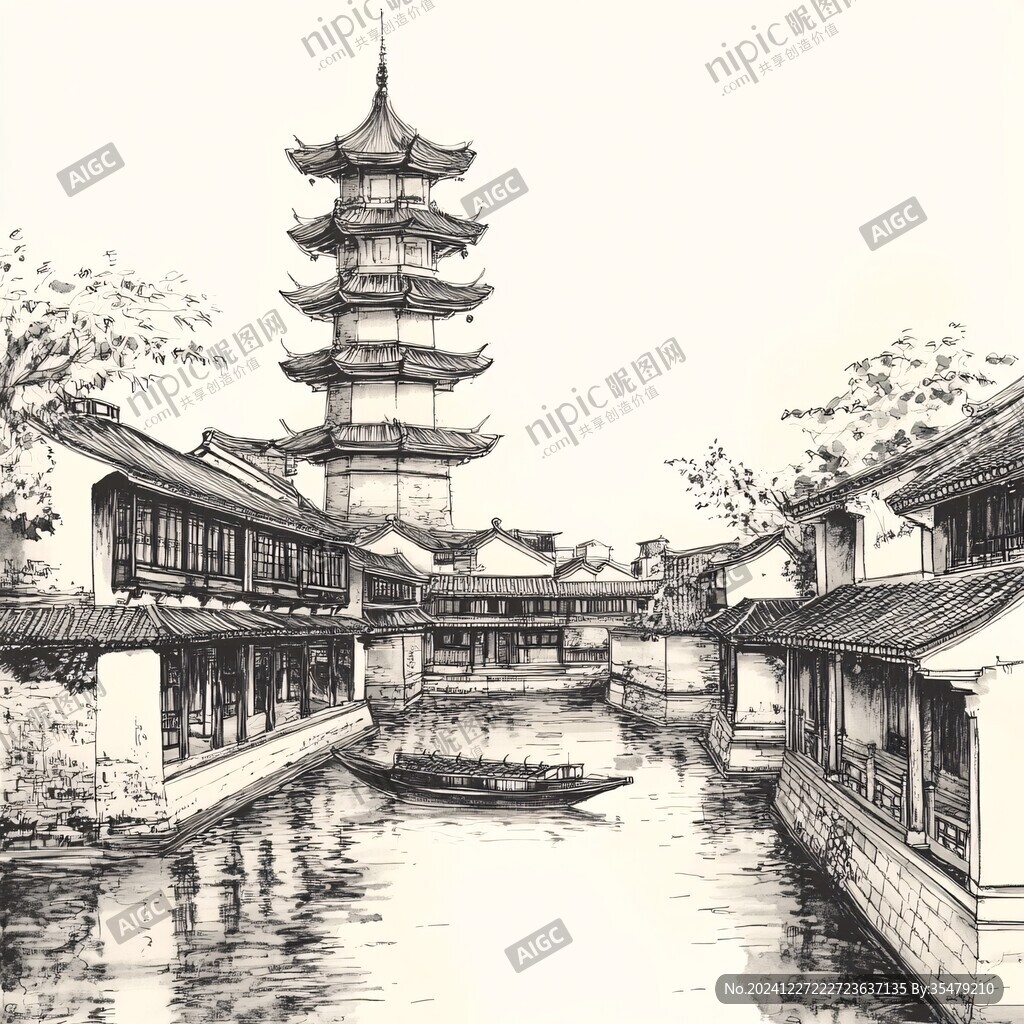 七宝古镇钢笔画