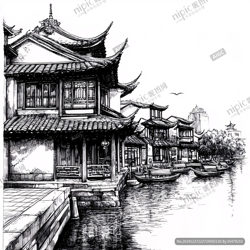 七宝古镇钢笔画