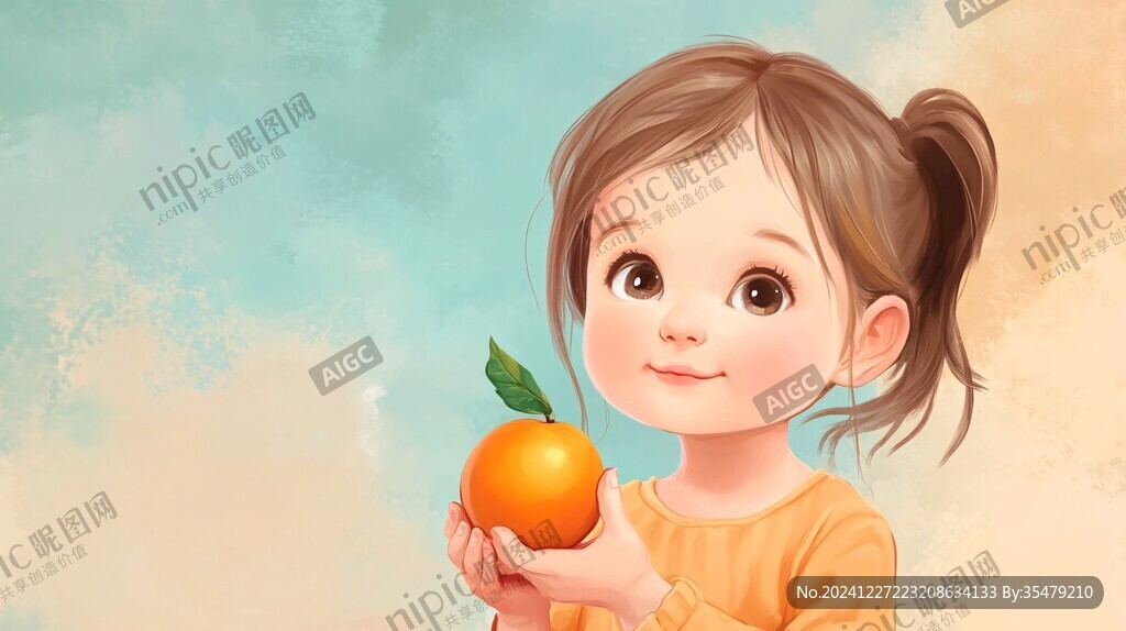 小女孩站在芒果上插画