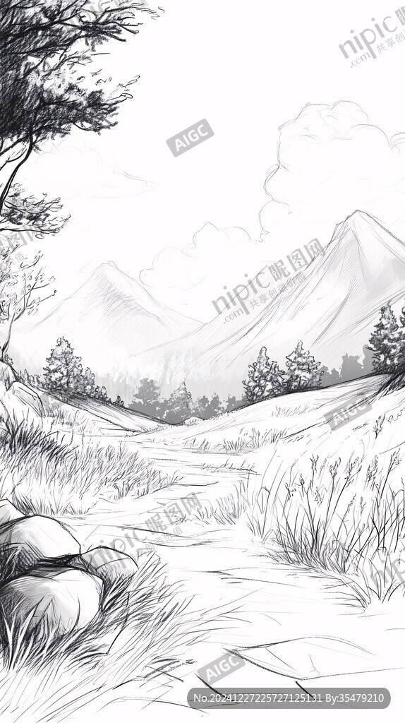 手绘插画画芯简易山水