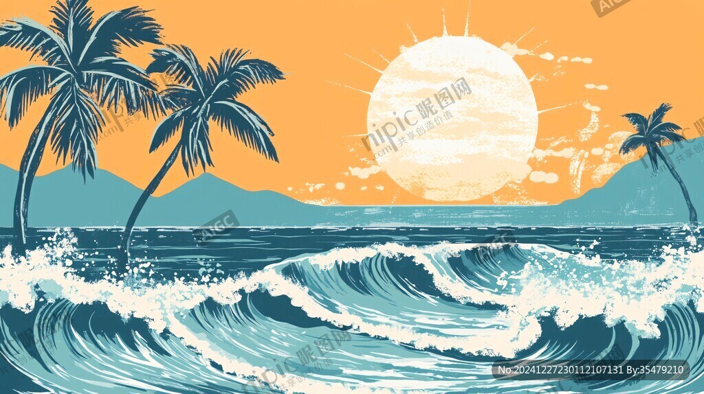 手绘海浪旭日东升