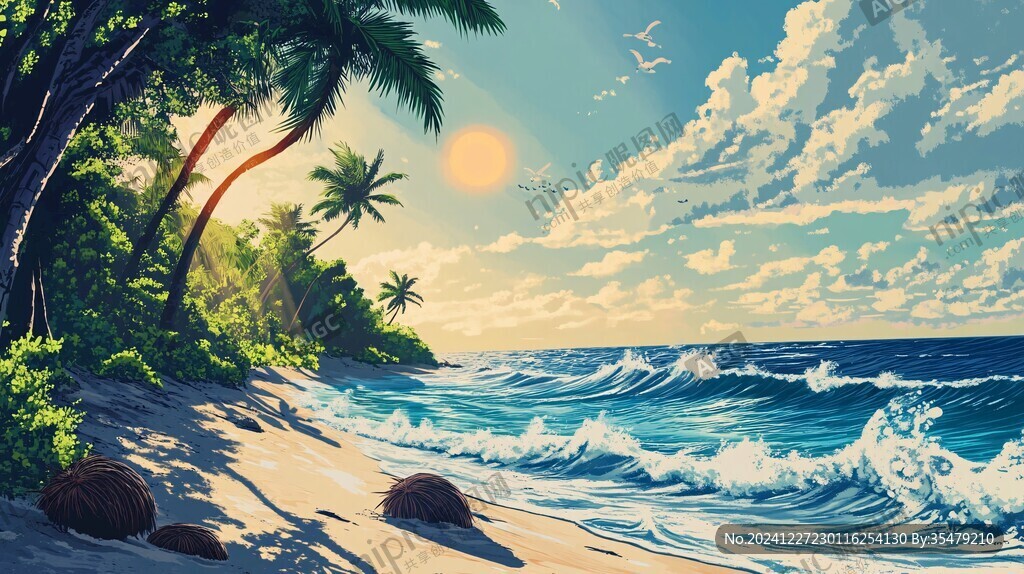 唯美海岸风景插画