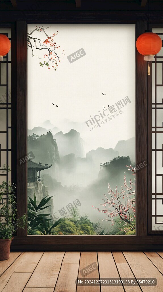中式窗景插画