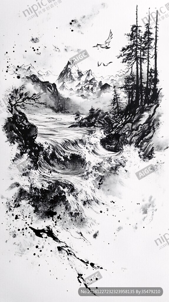 晕染墨迹禅境黑白画