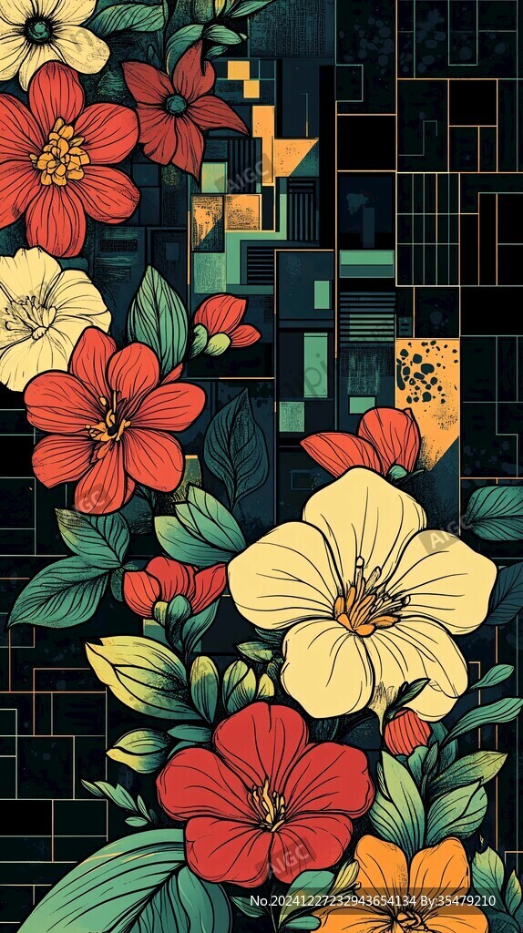 格栅花鸟插画