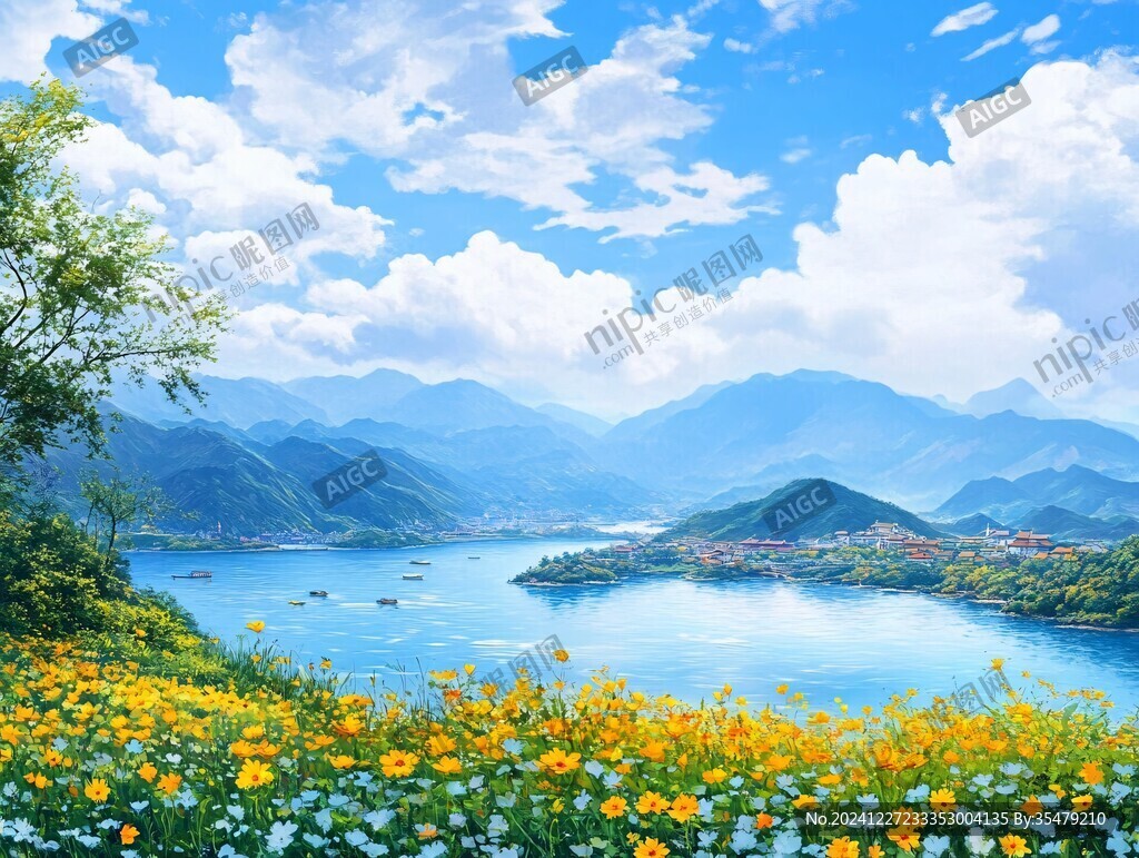 蓝天白云绿水山林背景