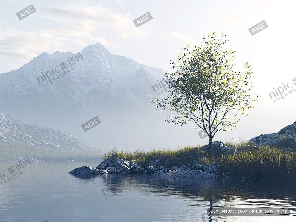 禅境山峰湖泊河流鹿树