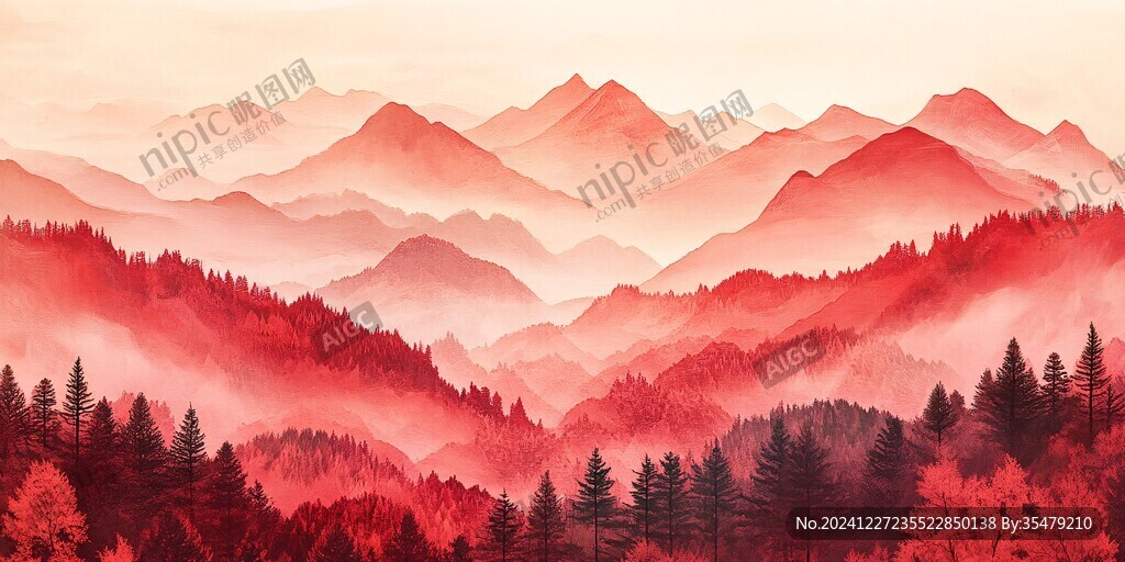 新中式泼墨红叶山水画